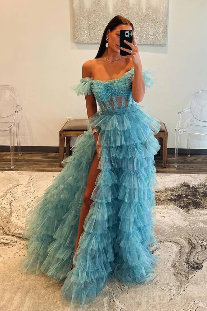 Blue Floral Print A-Line Slit Tiered Prom Dress with Off Shoulder