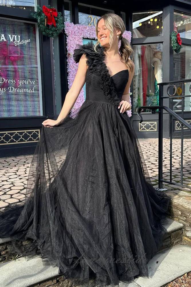 Black One Shoulder A-Line Tulle Prom Dress