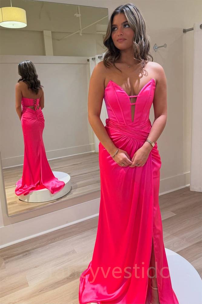 Plunging Neck Hot Pink Satin Mermaid Prom Dress with Slit