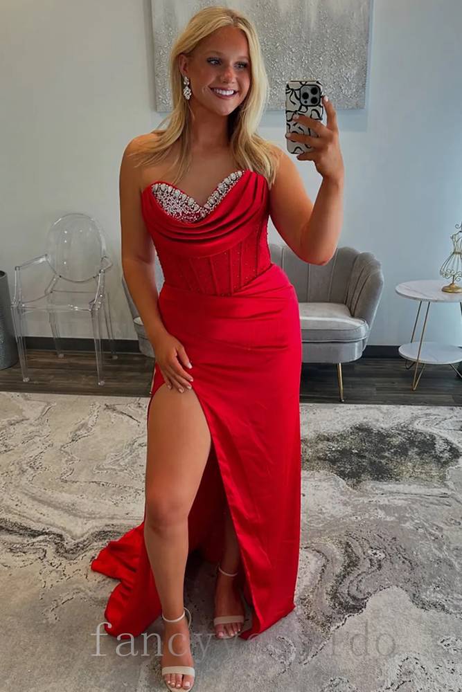 Sweetheart Red Sequin Beaded Mermaid Prom Dress with Slit