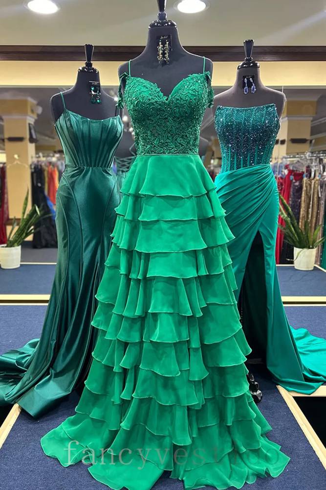 Green Sweetheart Applique Ruffle Prom Dress with Slit