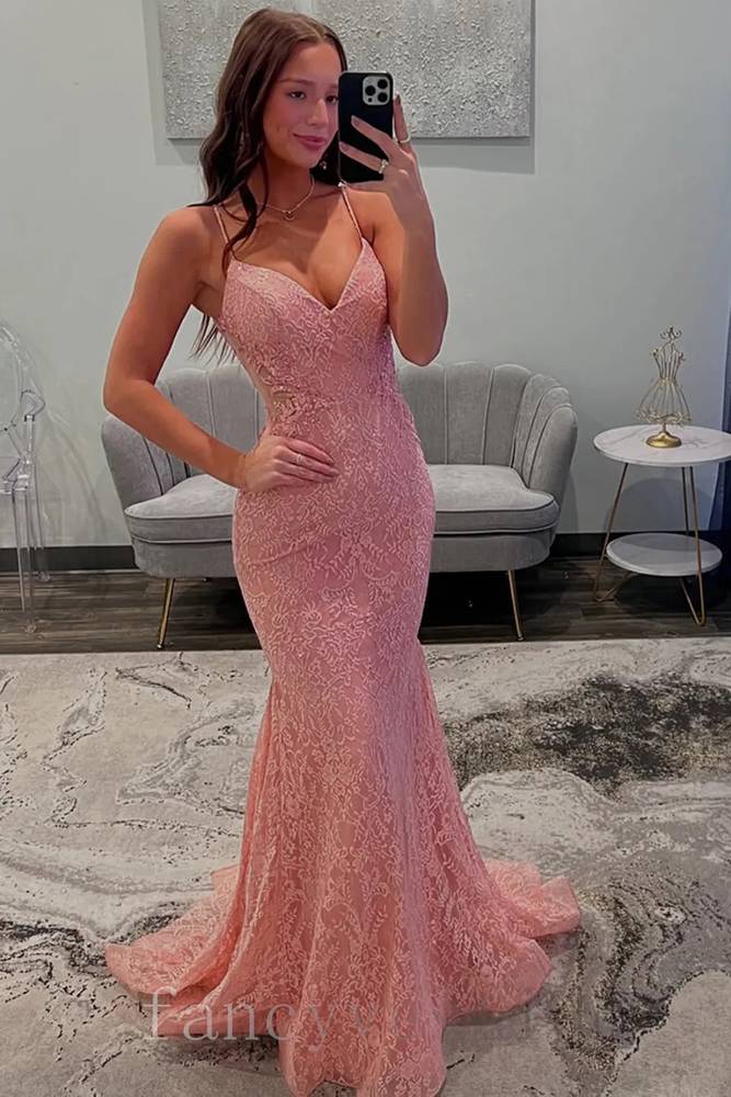 V-Neck Lace Pink Applique Sheath Mermaid Prom Dress