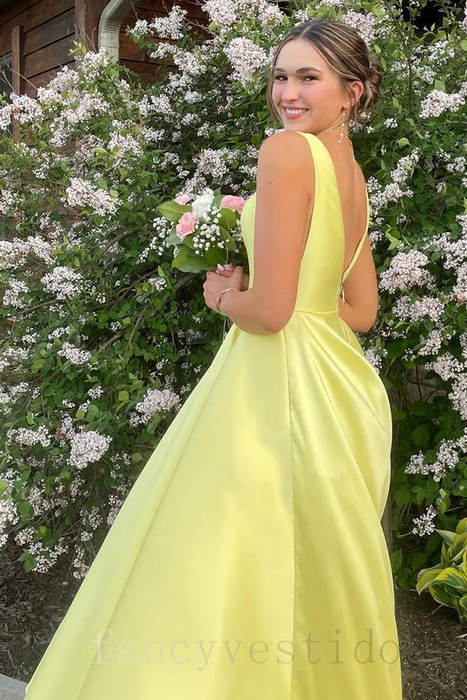 Elegant Yellow V-Neck Satin A-Line Prom Dress with Open Back