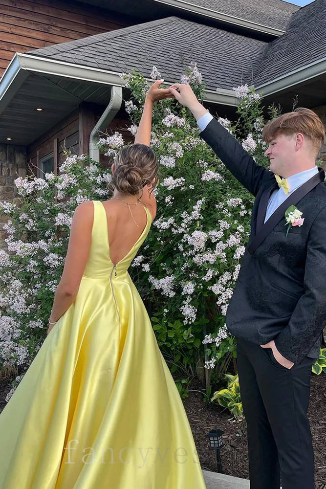 Elegant Yellow V-Neck Satin A-Line Prom Dress with Open Back