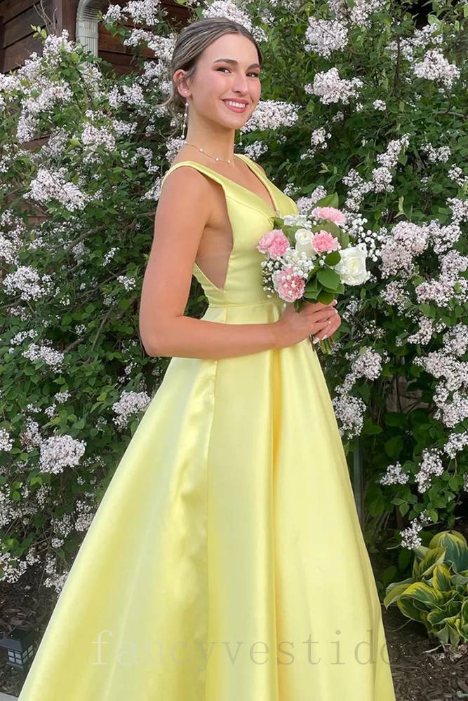 Elegant Yellow V-Neck Satin A-Line Prom Dress with Open Back