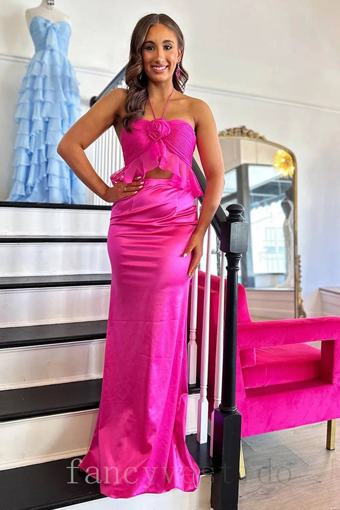 Halter Pleated Cutout Mermaid Prom Dress with Open Back