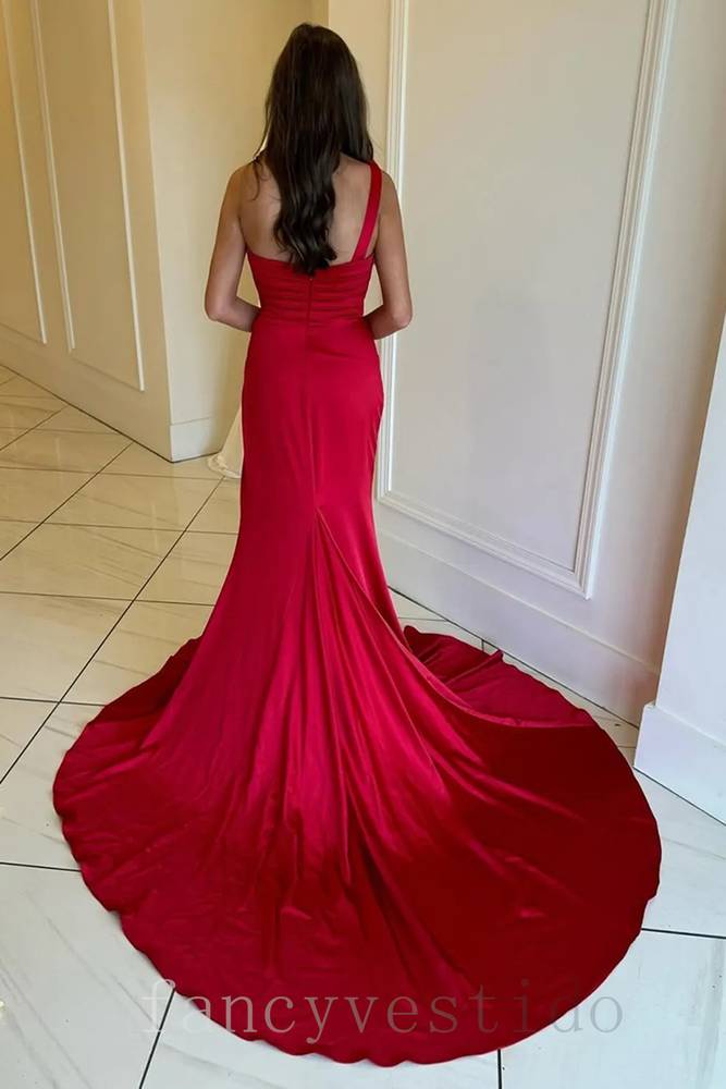 One Shoulder Red V-Neck Pleated Slit Mermaid Prom Dress