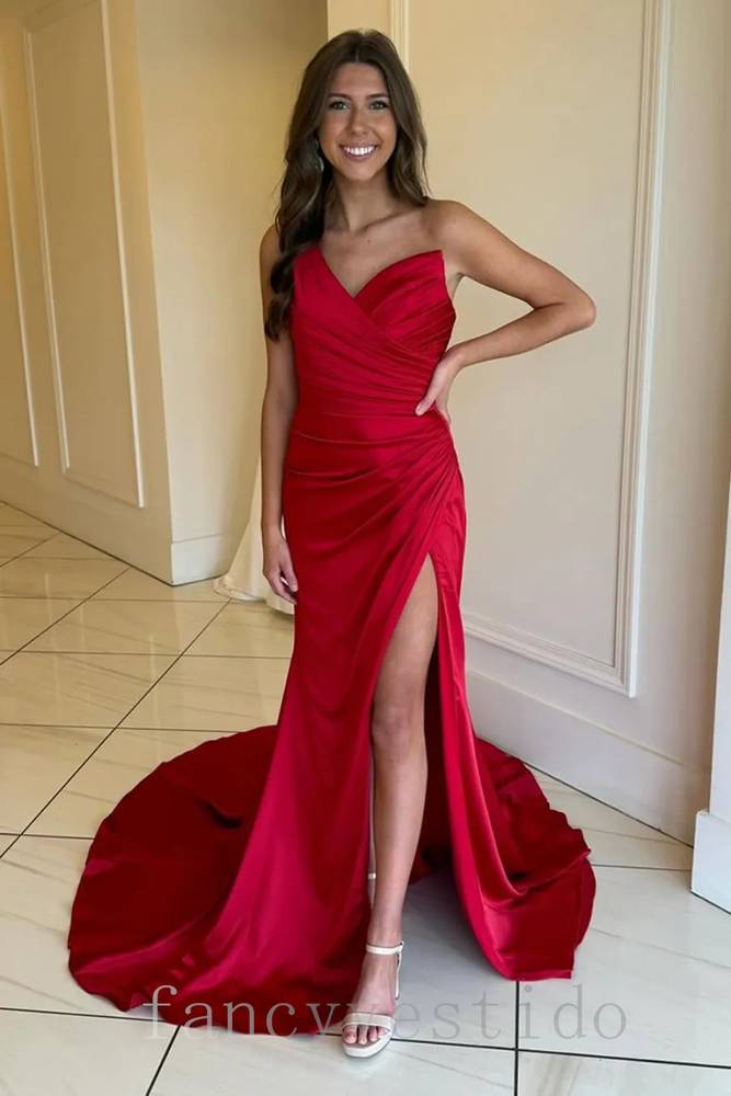 One Shoulder Red V-Neck Pleated Slit Mermaid Prom Dress