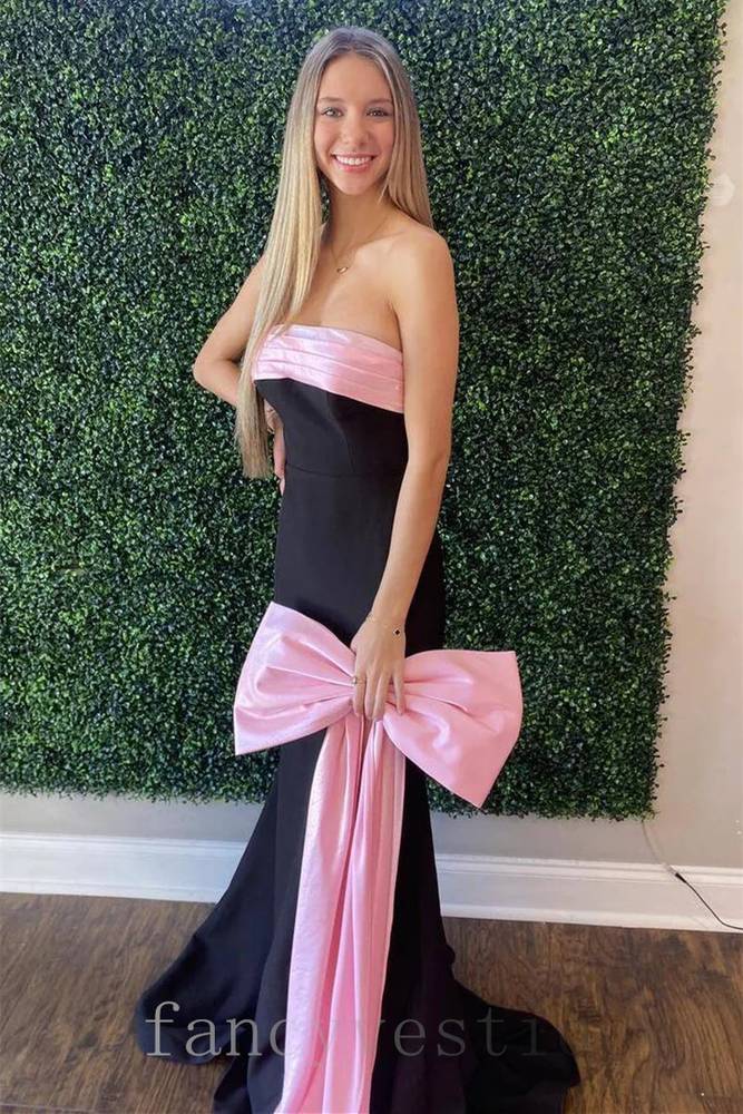 Strapless Black and Pink Mermaid Prom Dress with Bow