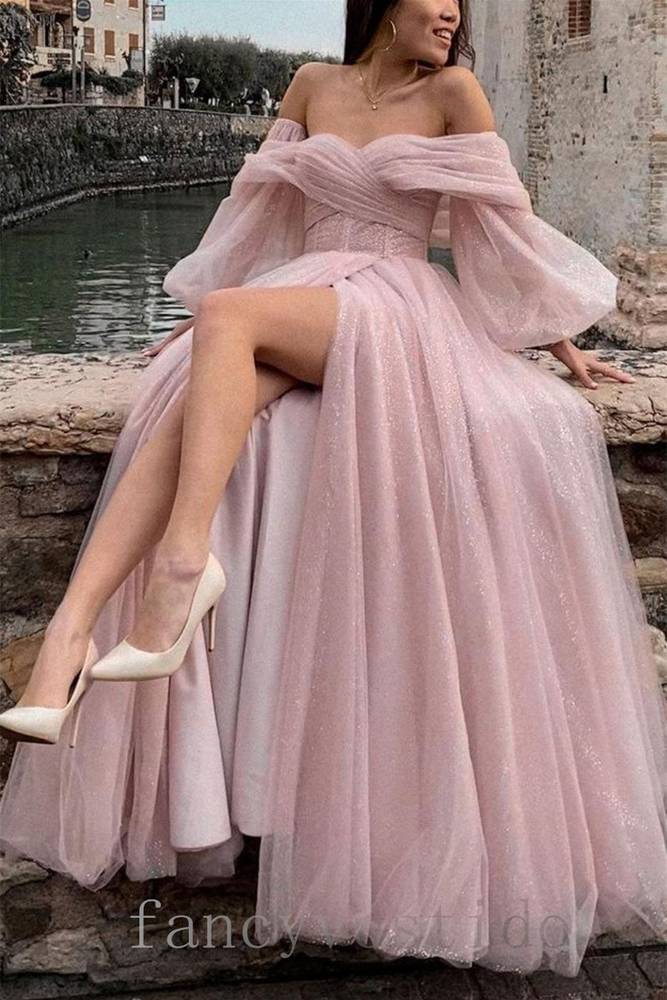 Off the Shoulder Tulle A-Line Prom Dress with Slit