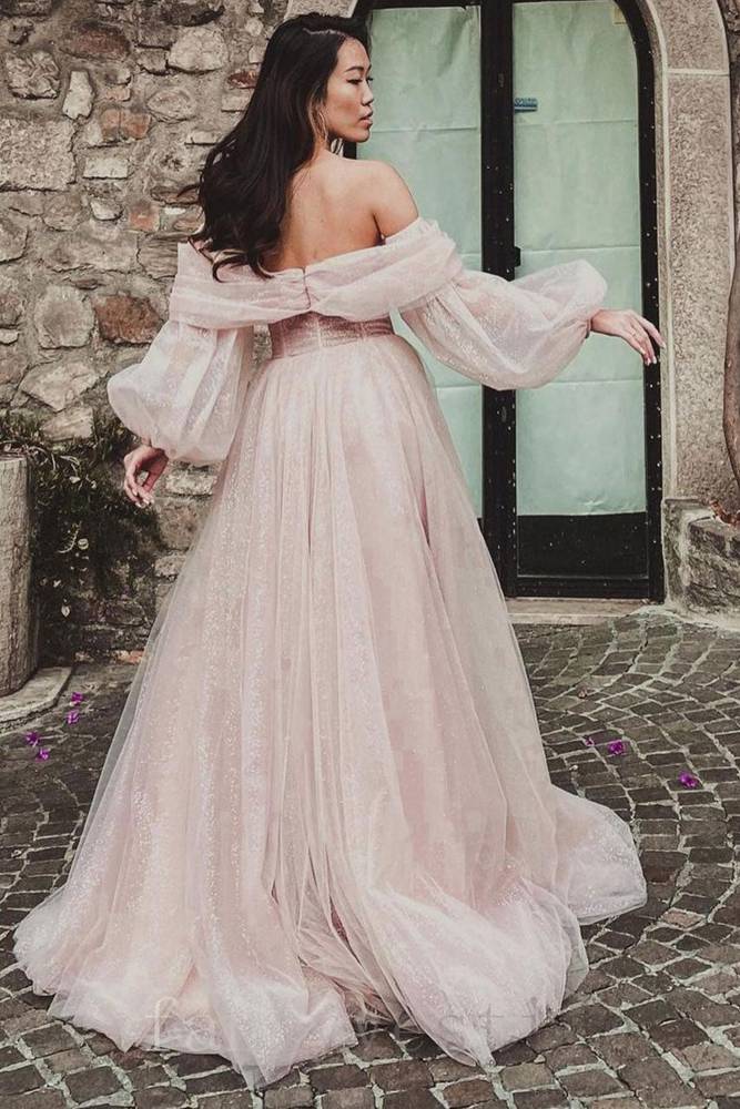 Off the Shoulder Tulle A-Line Prom Dress with Slit