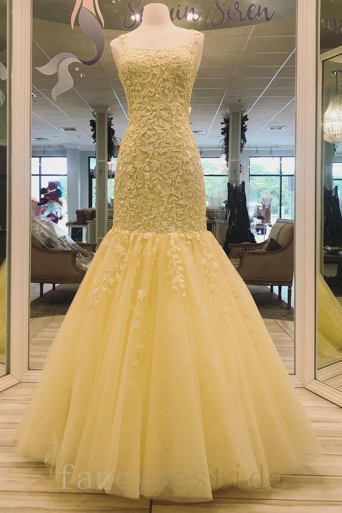 Elegant Yellow Straps Applique Mermaid Prom Dress