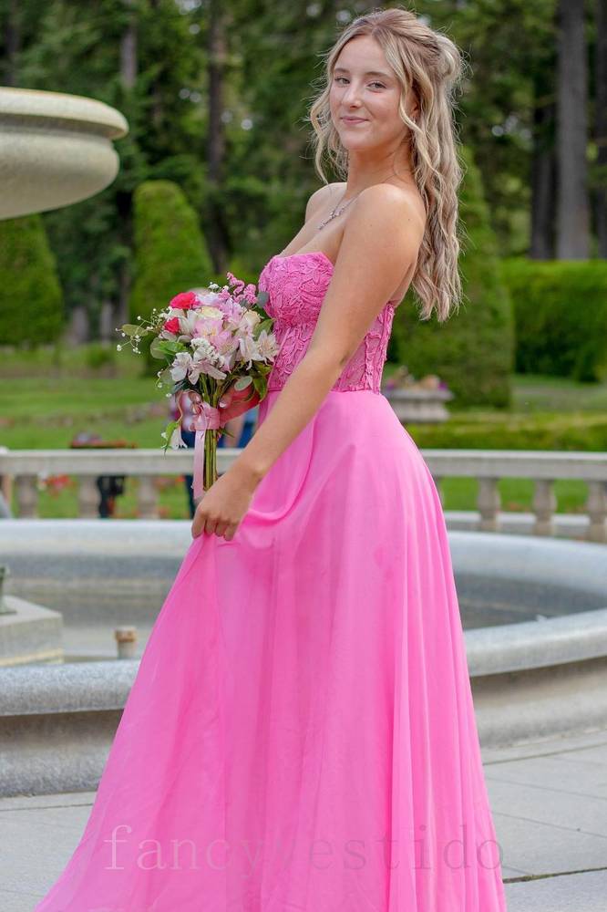 Strapless Hot Pink Applique A-Line Chiffon Prom Dress