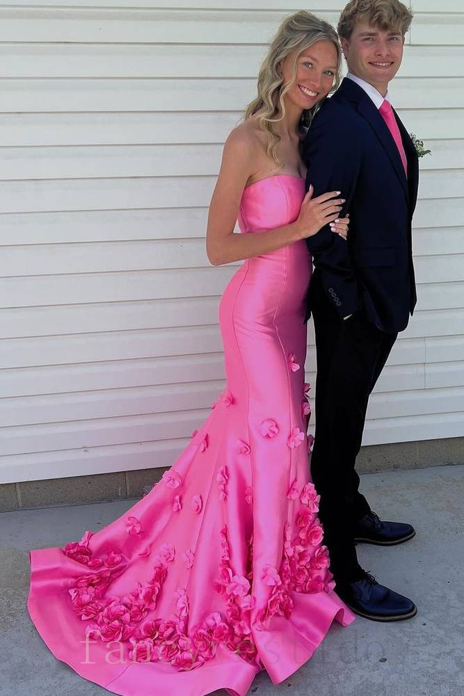 Pink Strapless Mermaid Prom Dress with 3D Floral