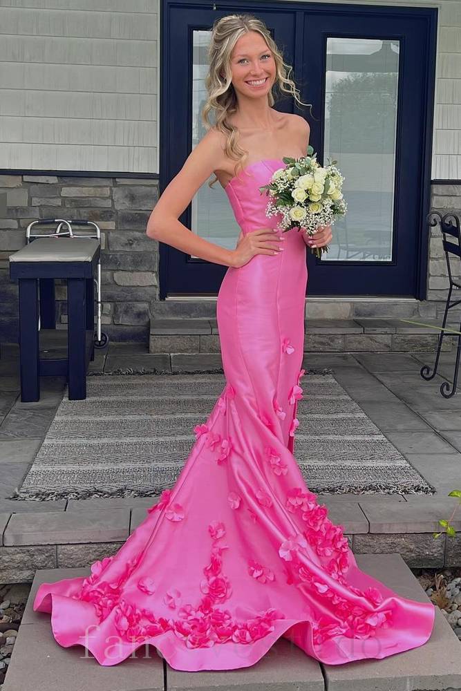 Pink Strapless Mermaid Prom Dress with 3D Floral