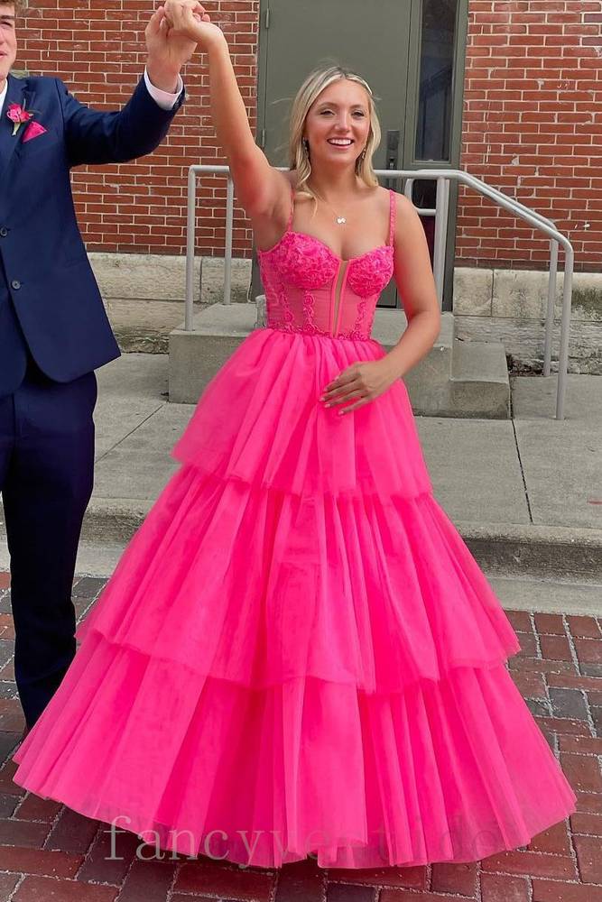 V-Neck Applique Hot Pink A-Line Layered Prom Dress