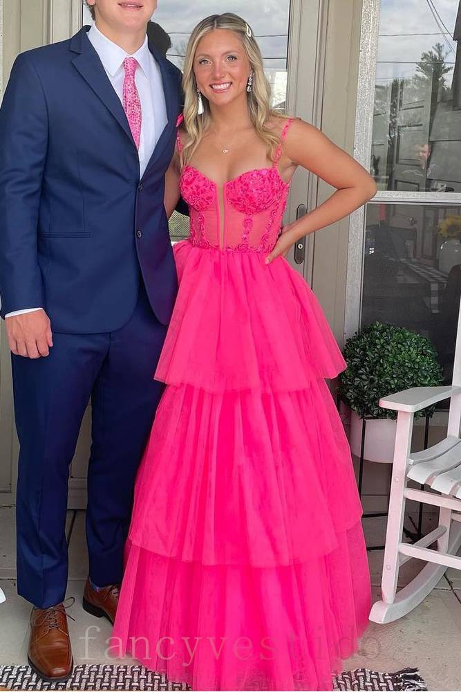 V-Neck Applique Hot Pink A-Line Layered Prom Dress