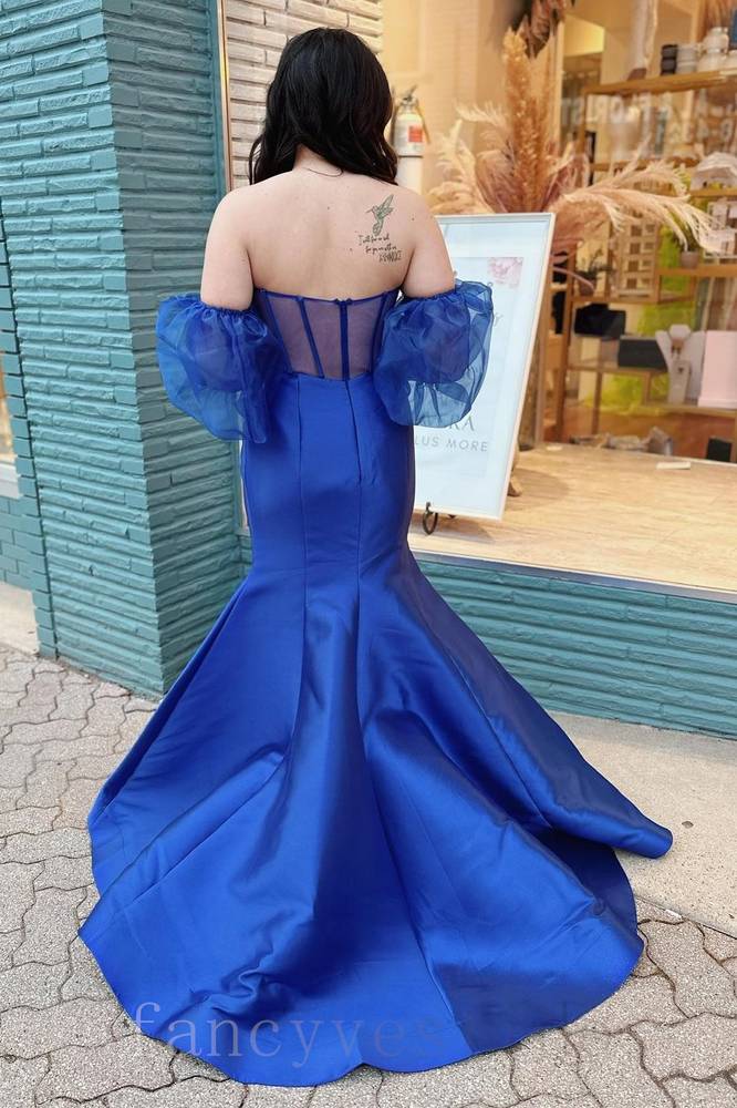 Blue Sweetheart Sheath Mermaid Prom Dress with Sleeves