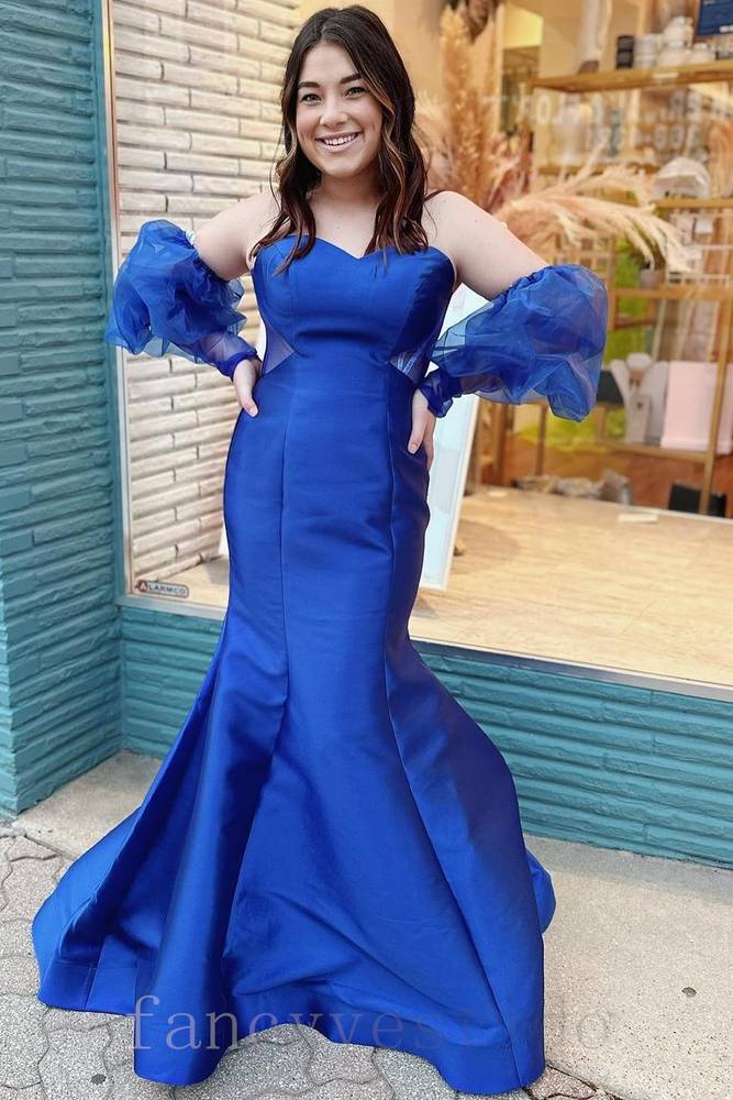 Blue Sweetheart Sheath Mermaid Prom Dress with Sleeves