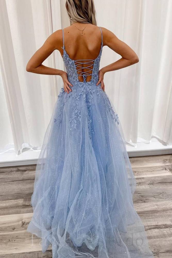 V-Neck Applique A-Line Tulle Prom Dress