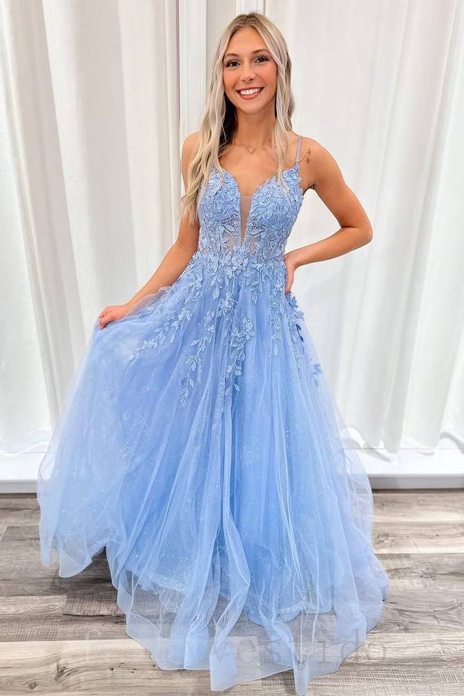 V-Neck Applique A-Line Tulle Prom Dress