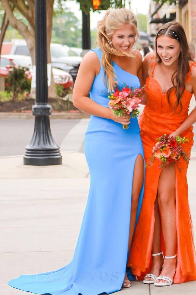 One Shoulder Blue Mermaid Prom Dress with Slit