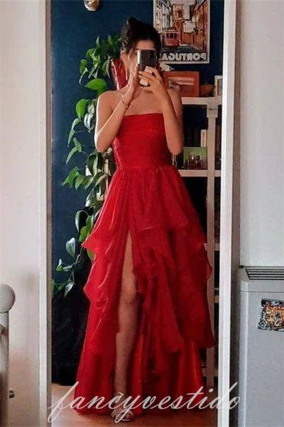 Red Strapless Layderd A-LIne Prom Dress with Slit