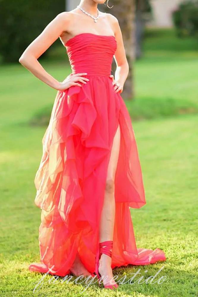 Red Strapless Layderd A-LIne Prom Dress with Slit