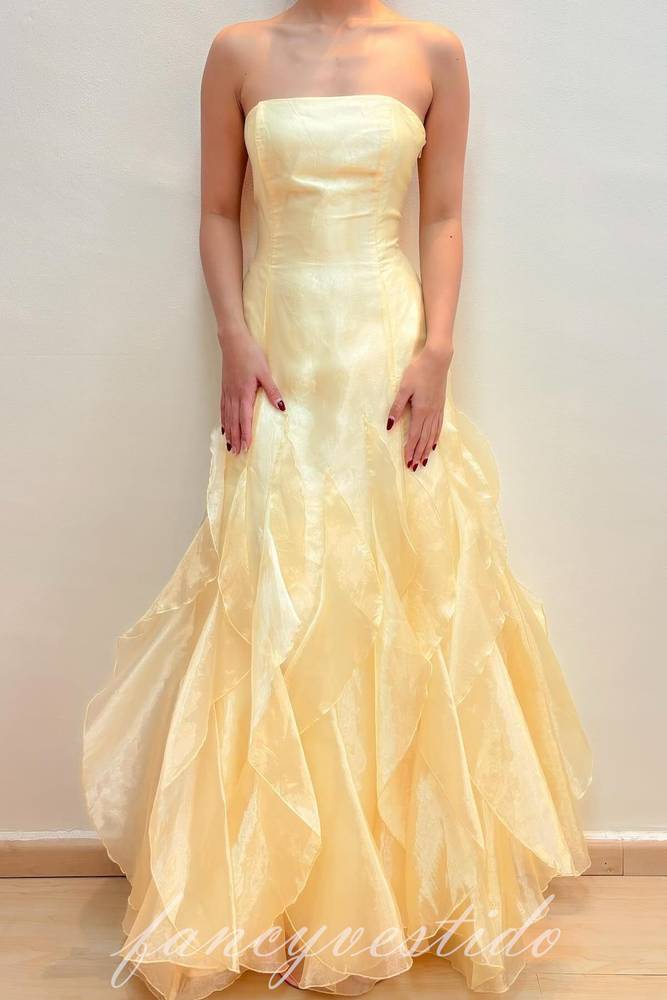 Elegant Yellow Strapless Layderd A-LIne Prom Dress