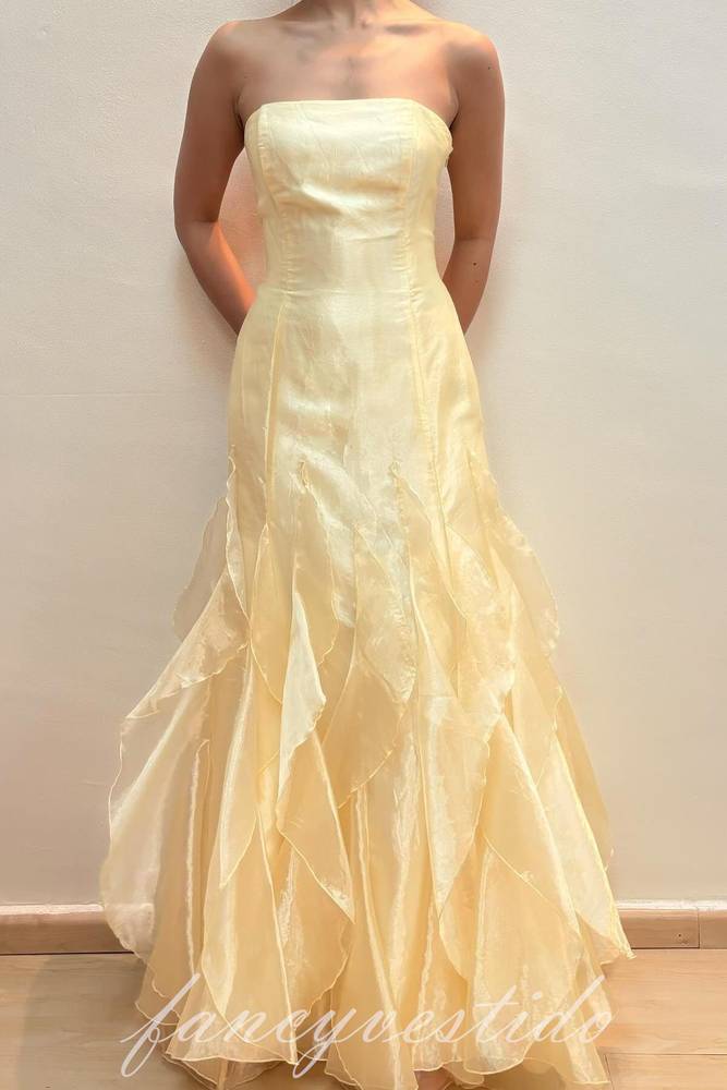 Elegant Yellow Strapless Layderd A-LIne Prom Dress