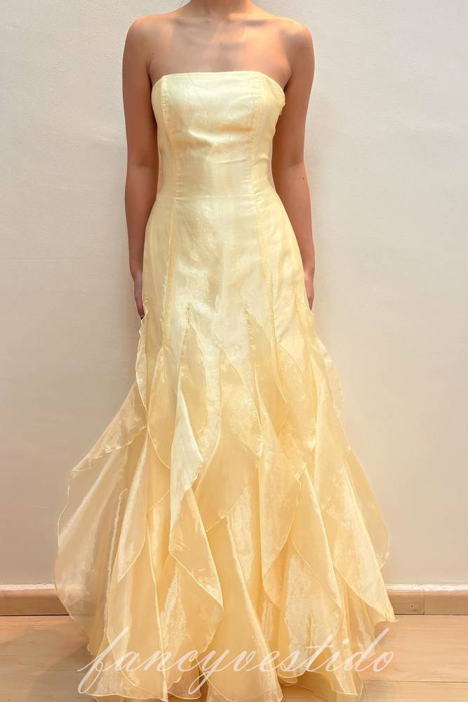 Elegant Yellow Strapless Layderd A-LIne Prom Dress