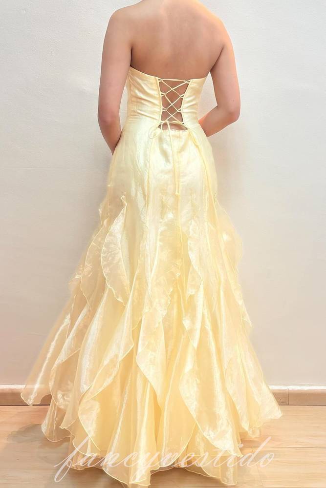 Elegant Yellow Strapless Layderd A-LIne Prom Dress