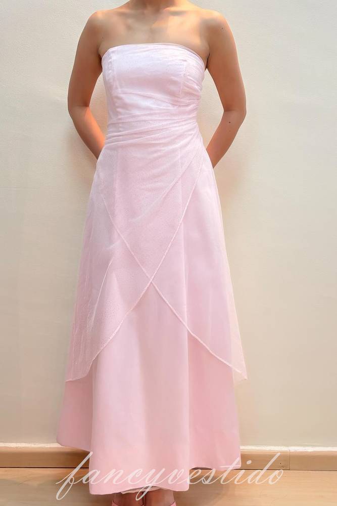 Elegant Strapless Pink A-Line Tulle Prom Dress