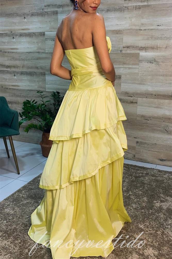 Elegant Yellow Strapless Ruffle Party Prom Dress