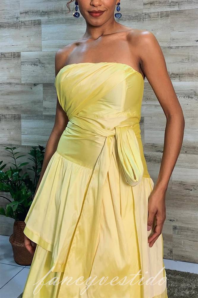 Elegant Yellow Strapless Ruffle Party Prom Dress