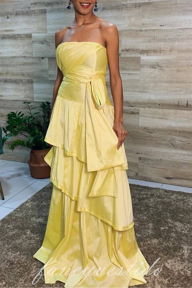 Elegant Yellow Strapless Ruffle Party Prom Dress