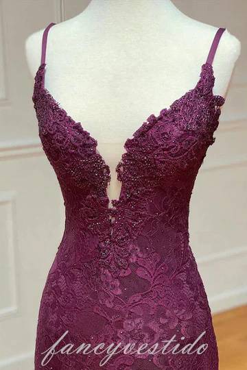 V-Neck Grape Straps Lace Applique Mermaid Prom Dress