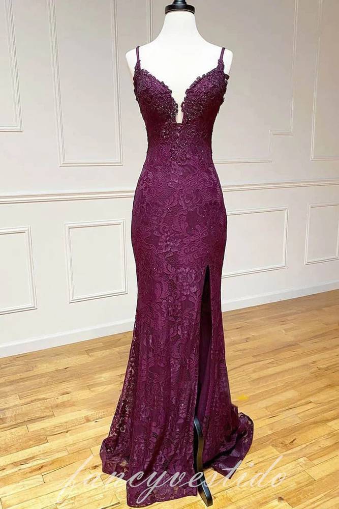 V-Neck Grape Straps Lace Applique Mermaid Prom Dress