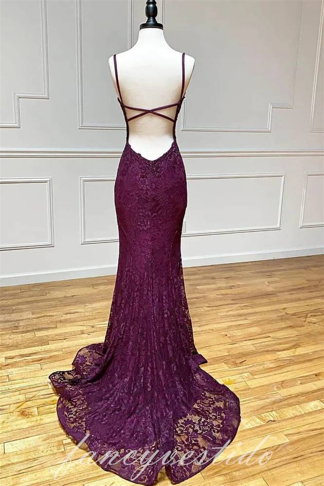 V-Neck Grape Straps Lace Applique Mermaid Prom Dress