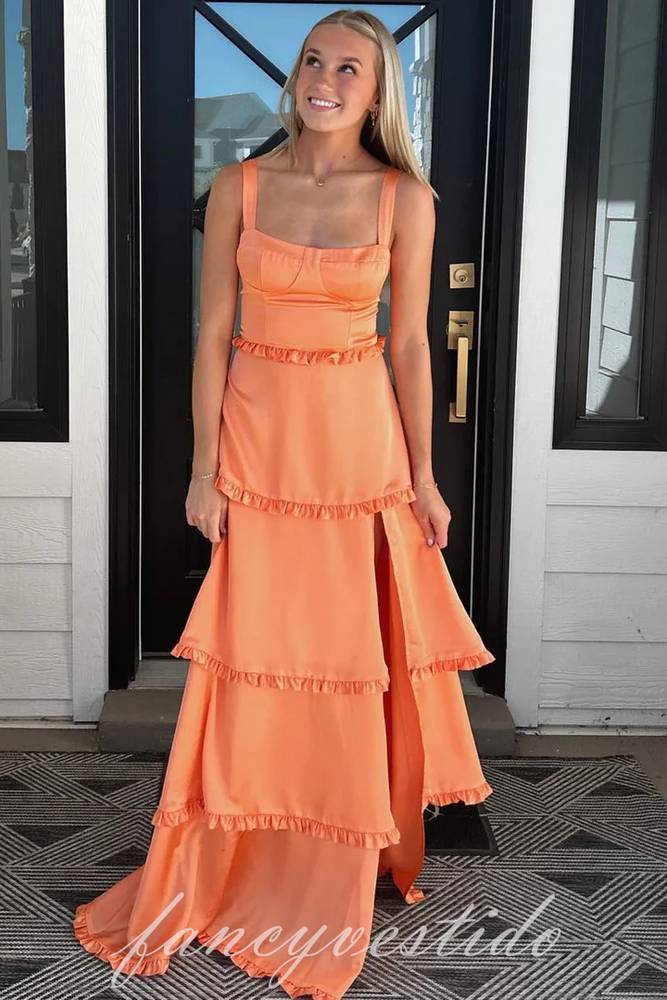 Orange Square Neck Ruffle Satin Prom Dress with Slit