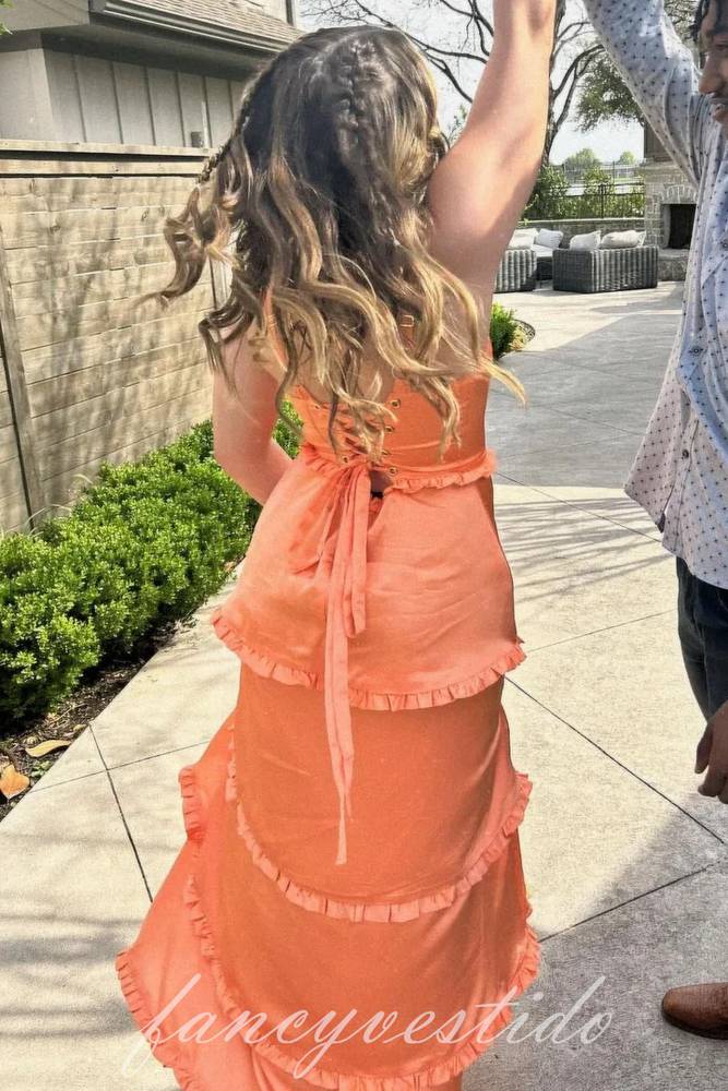 Orange Square Neck Ruffle Satin Prom Dress with Slit