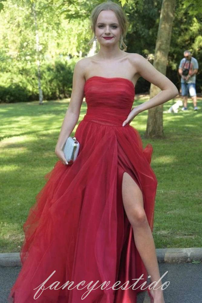 Red Strapless Layered A-Line Tulle Prom Dress with Slit