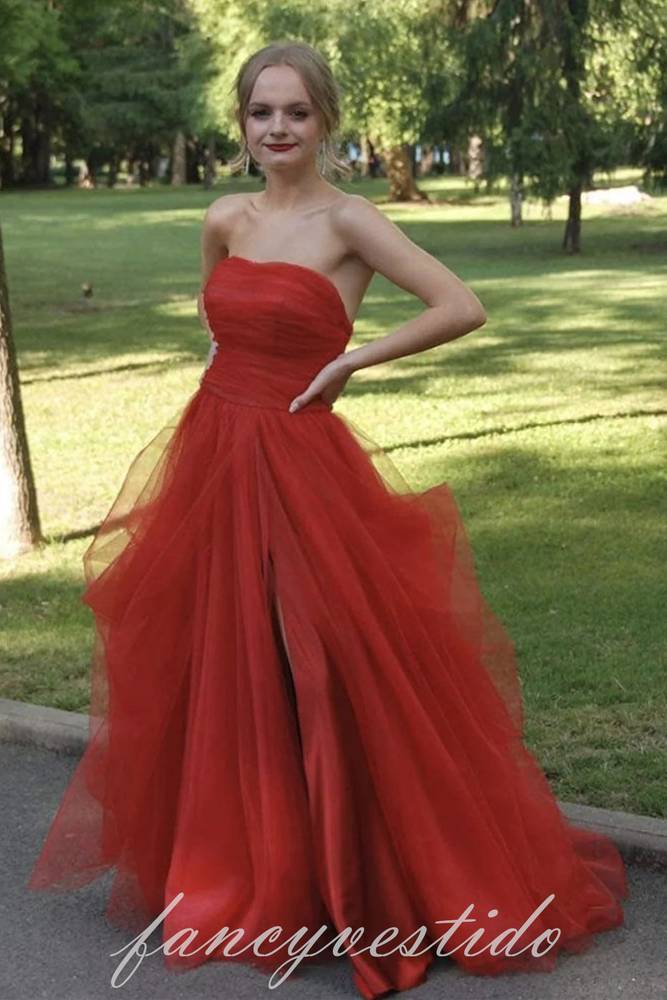 Red Strapless Layered A-Line Tulle Prom Dress with Slit