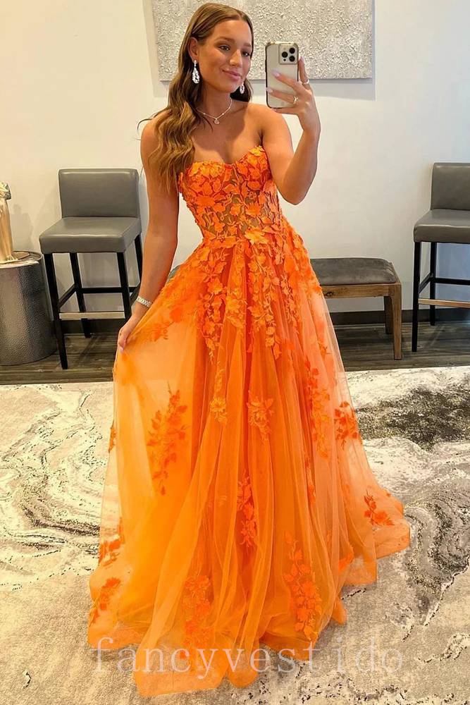 Sweetheart Orange Applique A-Line Tulle Prom Dress