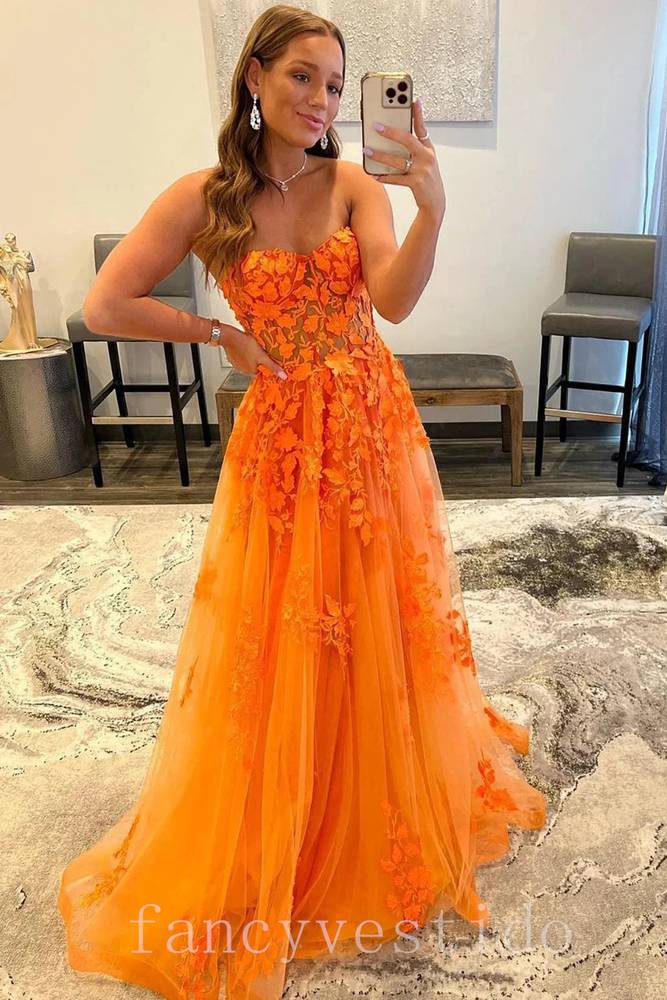 Sweetheart Orange Applique A-Line Tulle Prom Dress