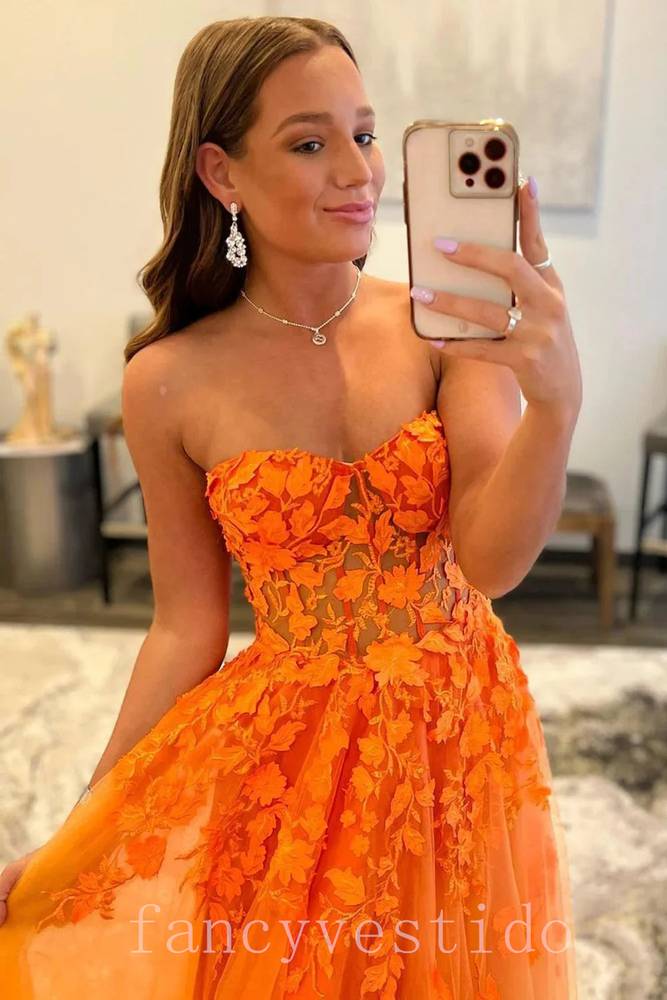 Sweetheart Orange Applique A-Line Tulle Prom Dress