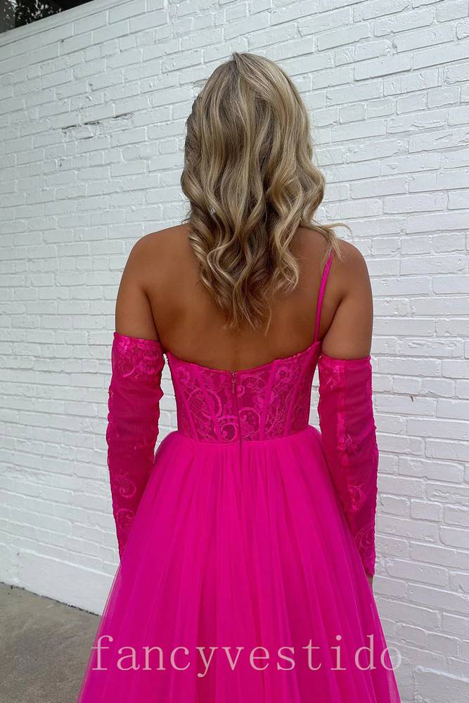 One Shoulder Lace A-Line Prom Dress with Detachable Sleeves