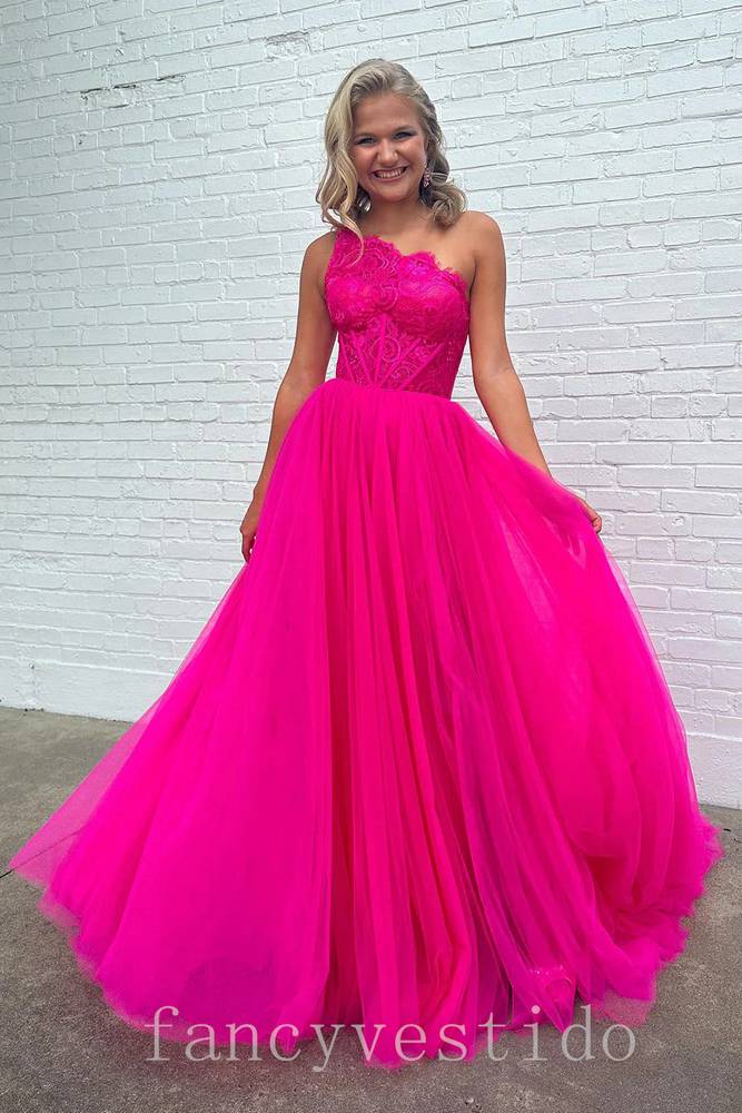 One Shoulder Lace A-Line Prom Dress with Detachable Sleeves