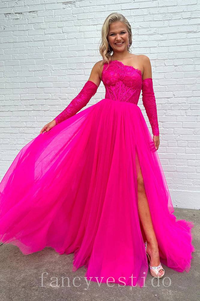 One Shoulder Lace A-Line Prom Dress with Detachable Sleeves