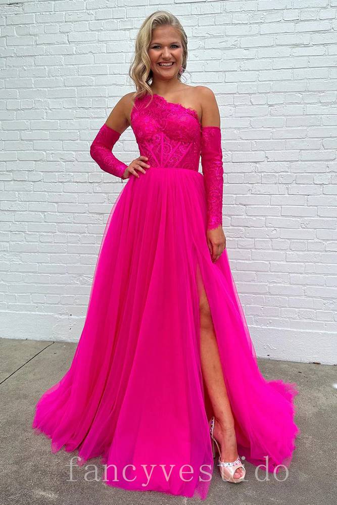 One Shoulder Lace A-Line Prom Dress with Detachable Sleeves